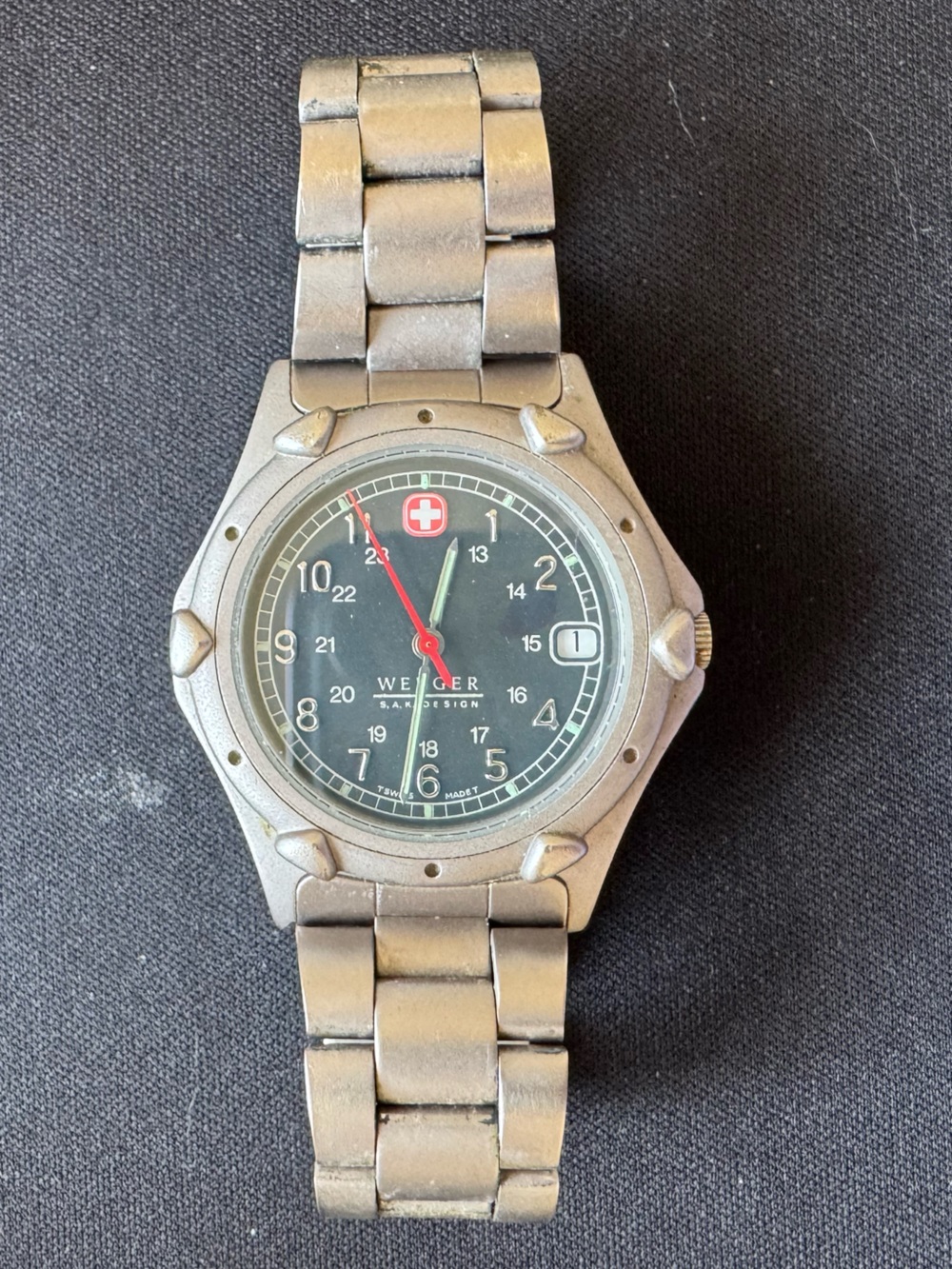 Swiss Wenger Women's Silver Bracelet Watch with Black Dial and Red Accents